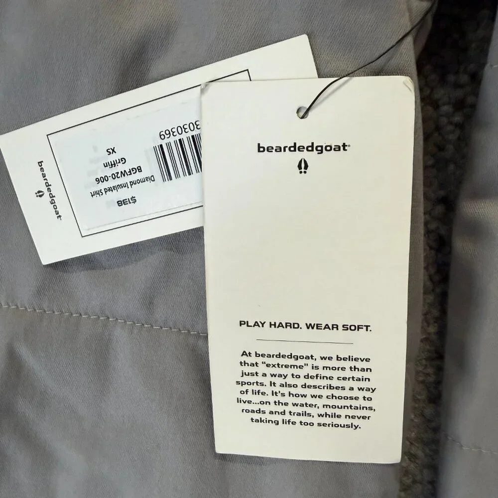 Beardedgoat Diamond Insulated Shirt Jacket Size XS - New With Tags - Light Grey